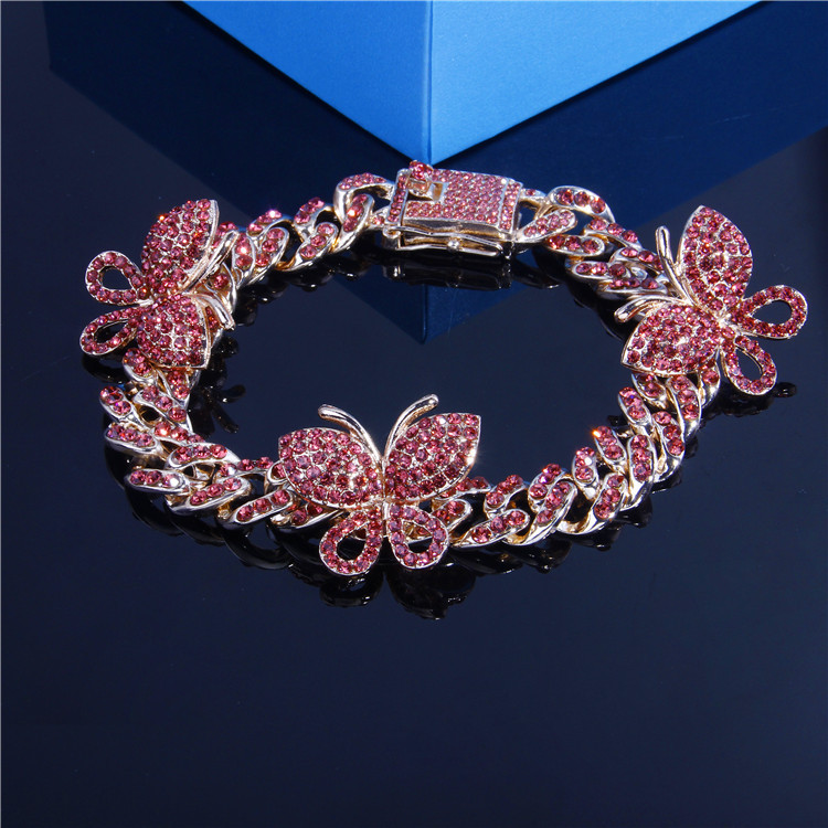 Iced Out Diamond Women Body Chain Jewelry Rhinestone Cuban Link Anklets Gold Silver Pink Butterfly Bracelets