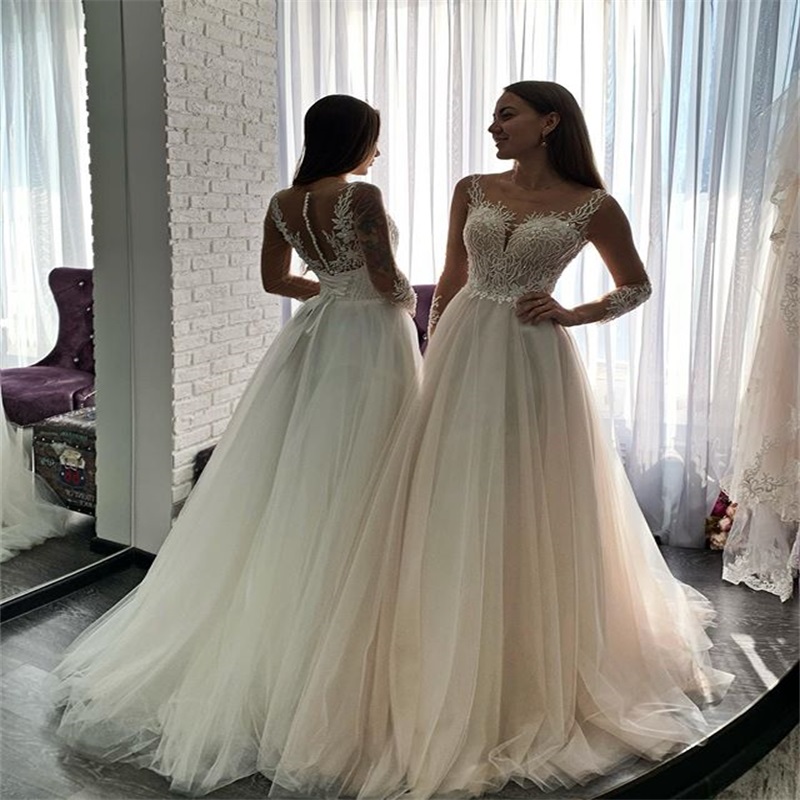 Plus Size A-line Wedding Dresses Sexy Illusion Sheer Long Sleeves Appliqued Lace Ruched Tulle Bridal Gown Beach Church Wedding Dress
