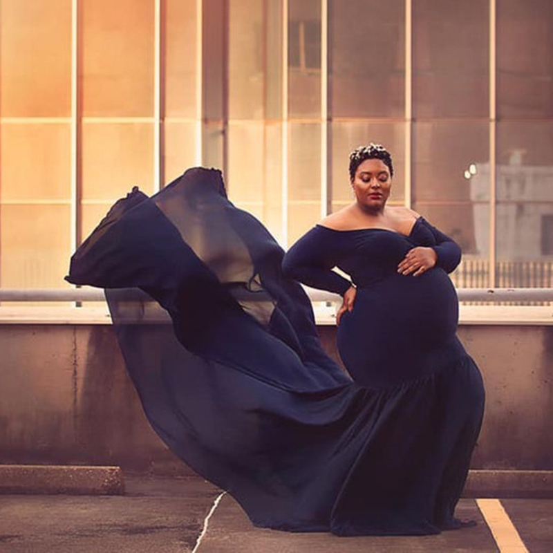 Women Off Shoulder Maternity Slim Cross-Front V Neck Long Sleeve Gown for Photo Shoot Elegant Pregnancy Dress Photography