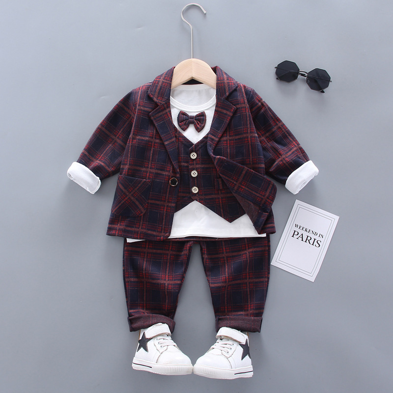 Fashion 2021 3-piece Handsome Men Suit Children Suit With Bow Spring and Autumn Boys Jacket Vest Pant Plaid Suit