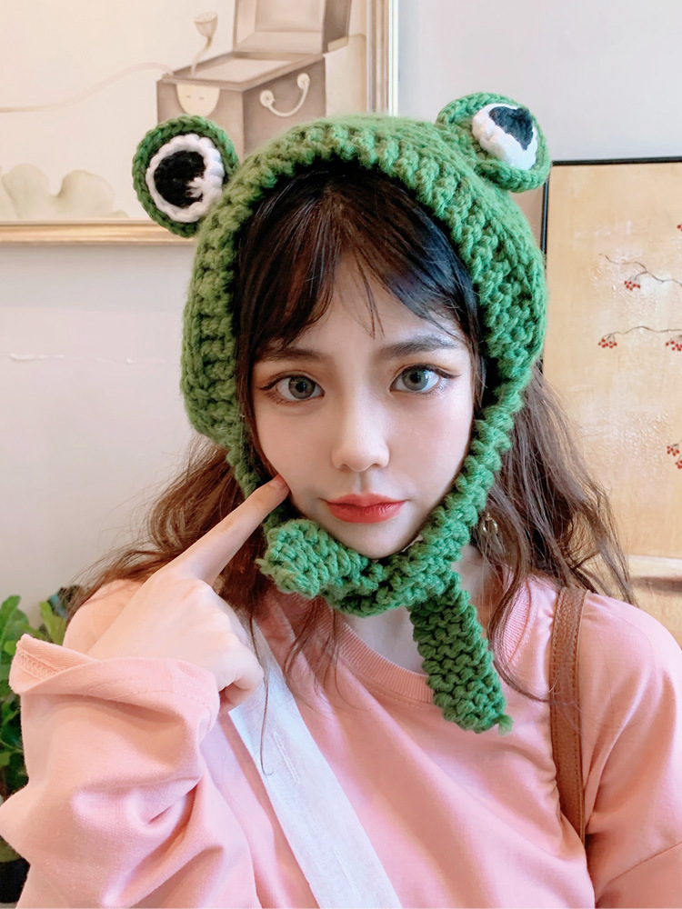 New Women Hat Korean Style Girl Novelty Cute Big-eyed Frog Ears Knitted Cap Soft Warm Comfortable Winter Protective Hat T