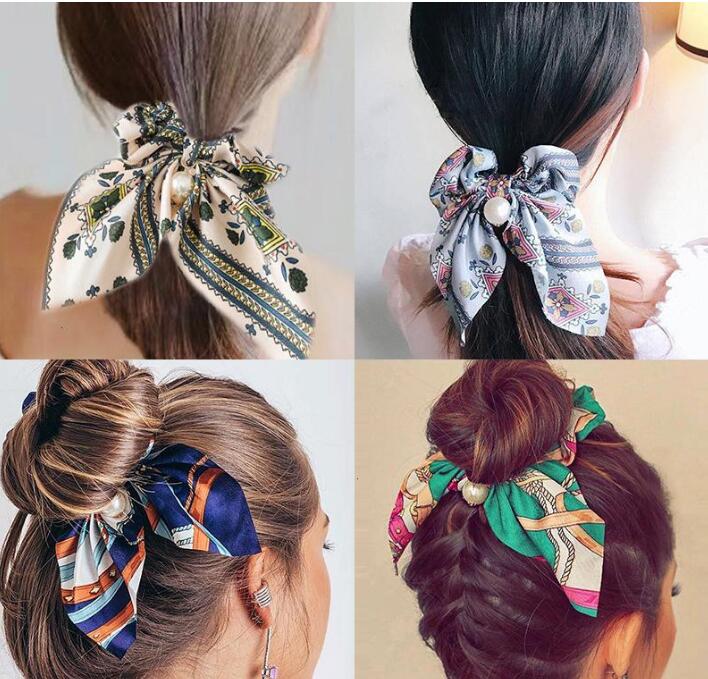 2020 New Chiffon Bowknot Silk Scrunchies Women Pearl Ponytail Holder Tie Hair Rope Rubber Bands Accessories GD555