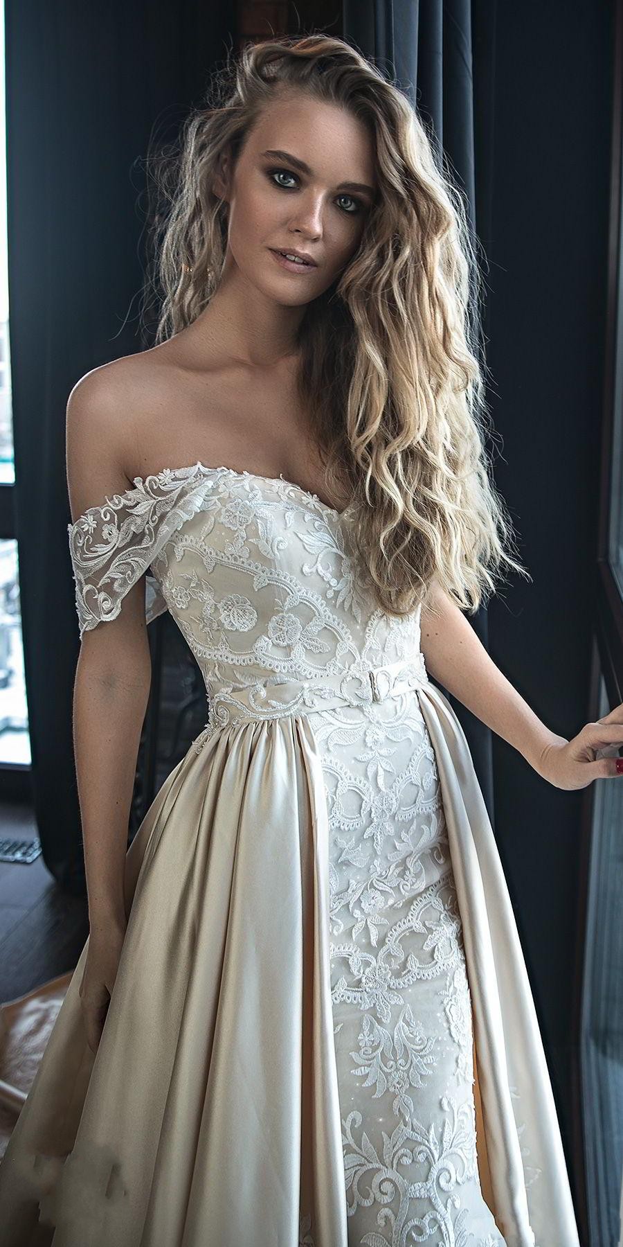 New Arrival Stunning Lace Champagne Mermaid Dresses With Detachable Satin Train Off Shoulder Wedding Dress Bridal Gowns Vestidos