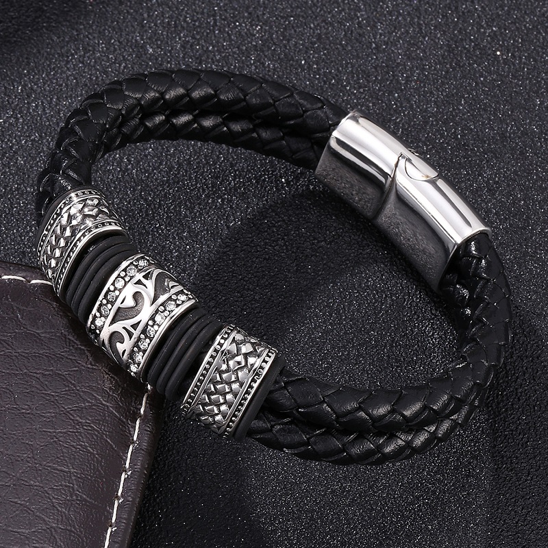 2020 Fashion Men Jewelry Black Braided Leather Bracelet Double Layer Stainless Steel Magnetic Buckle Male Bangles Gifts 
2020 Fashion Men Jewelry Black Braided Leather Bracelet Double Layer Stainless Steel Magnetic Buckle Male Bangles Gifts