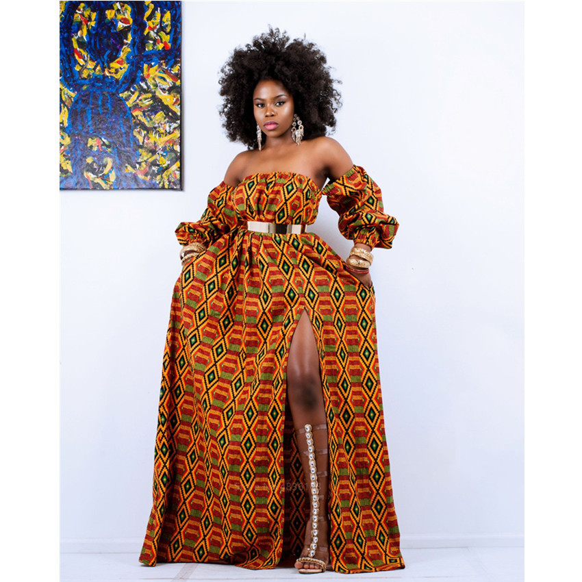 African Ladies Clothes 2020 News Shoulder Off Dress Dashiki Print Long Sleeve Maxi Clothing Plus Size African Dresses for Women CX200813