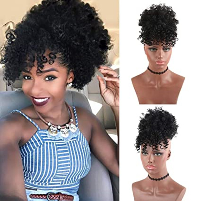 Afro Puff Bun With Bangs Ponytail Hairpieces African American Short Afro Kinky Curly brazilian Drawstring Ponytail Hair Extention 100% HUMAN
