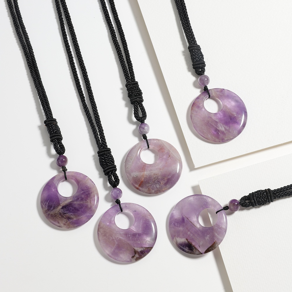 Natural Stone Lucky Coin Pendant Necklace for Women Men Reiki Healing Round Donut Crystal Jewelry Adjustable Braided Cord