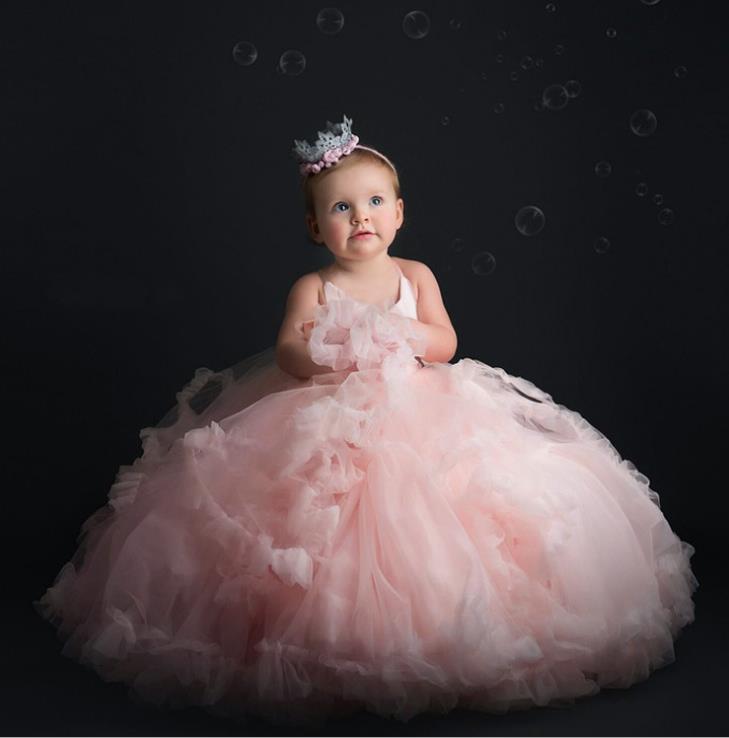 Pink Girls Pageant Dresses Tulle Ball Gown Tiered Ruffle Skirt Puffy Flower Girl Dresses Big Flower Birthday Party First Communion Dresses