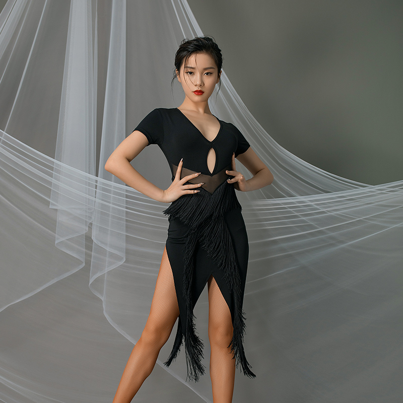 New Modern Ballroom Dance Costume Female See Through Fringe Practice Dress Latin Dance Performance Clothing Rumba Outfit VO986, Black 
New Modern Ballroom Dance Costume Female See Through Fringe Practice Dress Latin Dance Performance Clothing Rumba Outfit VO986, Black
