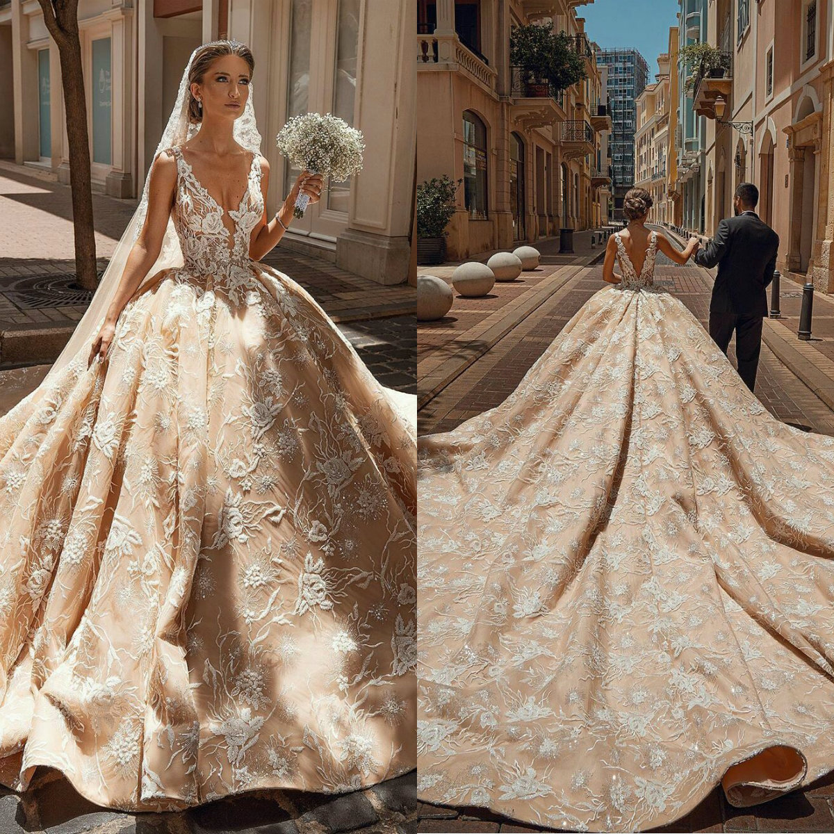 Luxury Cathedral Length Wedding Dresses Champagne Lace Appliqued Deep V Neck Bridal Gowns Plus Size 2021 vestido de novia