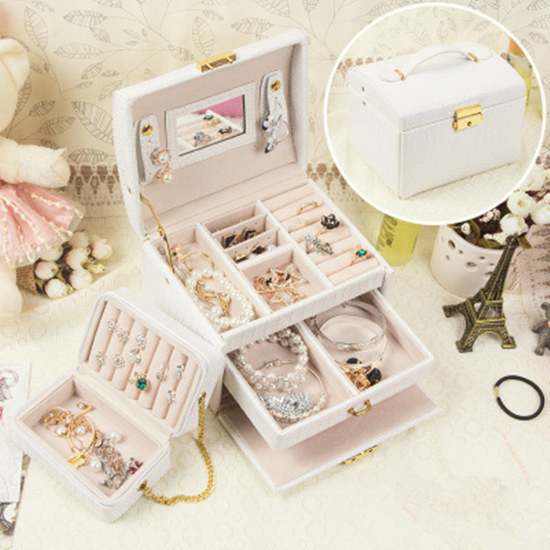 New Fashion High Quality Leather Jewelry Box 7 Colors With Small Protable Travel Jewelry Casket 3 Layers Gift Box MX200810