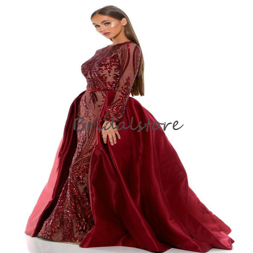 Mermaid Muslim Evening Dresses With Detachbale Train Long Sleeves Burgundy Sequin Prom Dresses African Wear 2020 Trend Plus Size Formal Gown