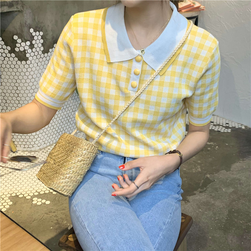 Yellow Plaid Summer T-Shirts Women Turn Down Collar Short Sleeve Knitted Tops Buttons Vintage Kawaii Korean Shirts Knitwear W643
Yellow Plaid Summer T-Shirts Women Turn Down Collar Short Sleeve Knitted Tops Buttons Vintage Kawaii Korean Shirts Knitwear W643