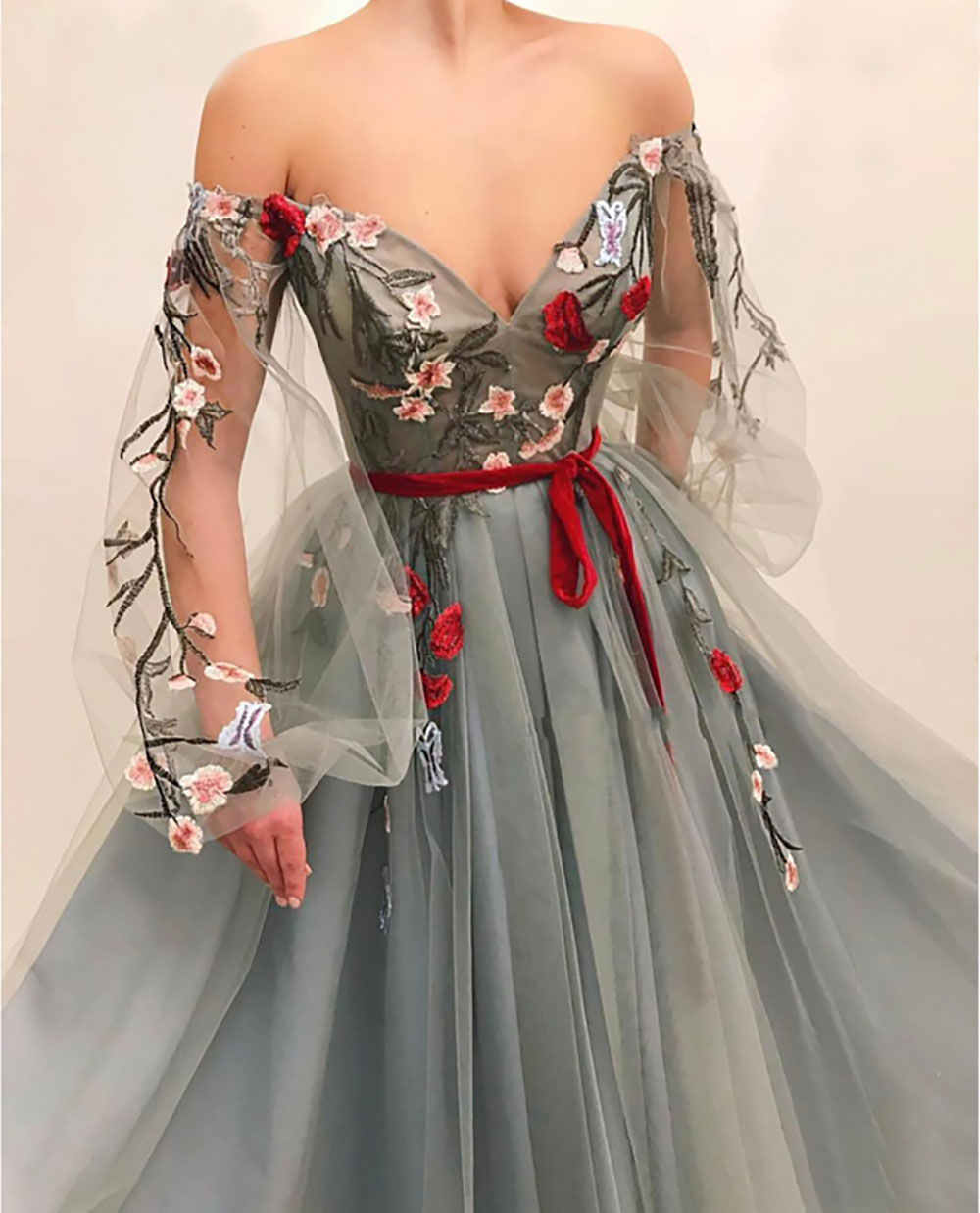 Gray Muslim Evening Dress Off Shoulder Embroidery Tulle Islamic Dubai Kaftan Saudi Arabic Long Sleeves Evening Gown Prom