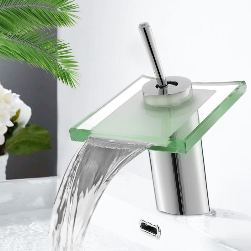 

Modern Glass Waterfall Mixer Tap Spout Bathroom Basin Faucet Single Handle Hole Vanity Sink Faucet Deck Mounted