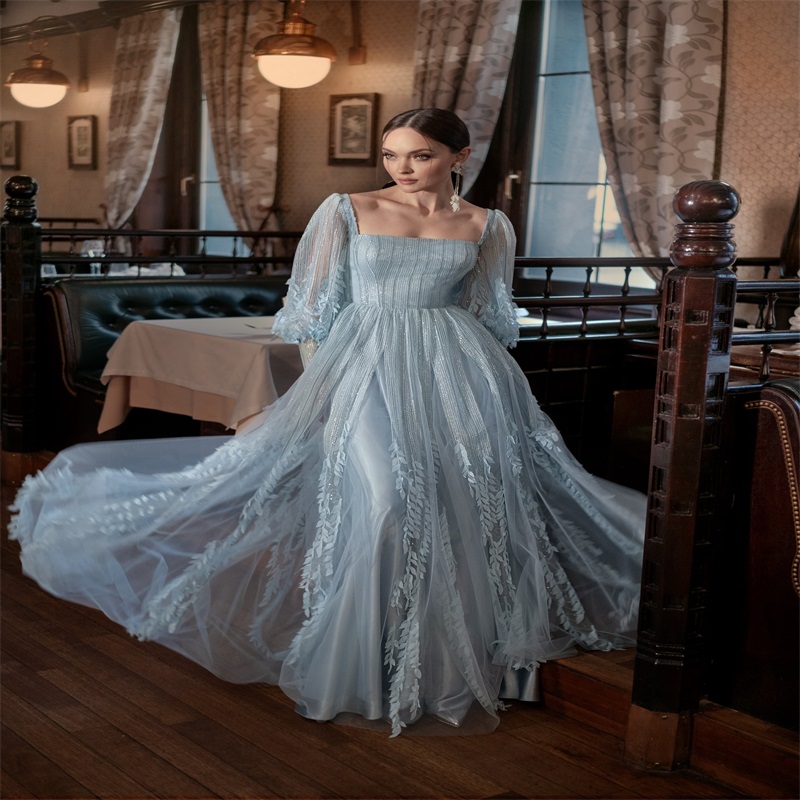 Elegant Papilio Evening Dresses Square Long Sleeves Bling Sequins Appliqued Leaf Formal Party Gowns Light Sky Blue Custom Made Prom Dress