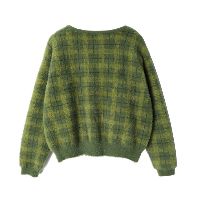 Harajuku Fuzzy Green Plaid Cardigan With Front Button Women Cropped Cardigan Sweater CX200814