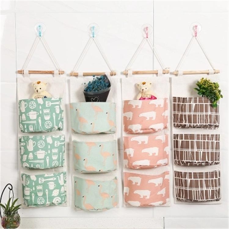 7Colors Wall Hanging Organizer Bags Cotton Linen Holder Storage Bag Door Hanging Sundry Bags 3 Pockets Sorting Bags