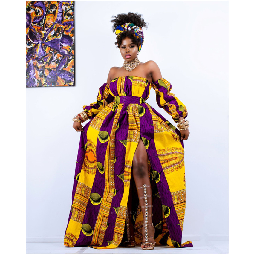 African Ladies Clothes 2020 News Shoulder Off Dress Dashiki Print Long Sleeve Maxi Clothing Plus Size African Dresses for Women CX200813