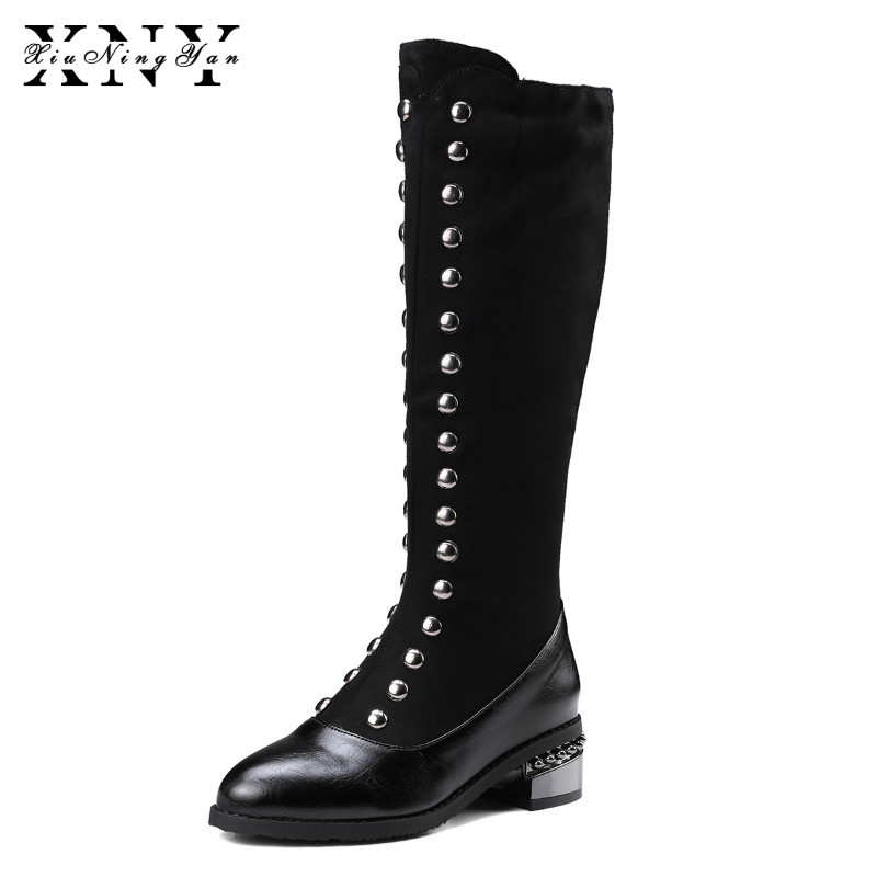 XiuNingYan British Style 2020 New Fashion Pointed Toe Knee High Boots Woman Zipper Black Women Winter Rivets Boots Size 32-48
