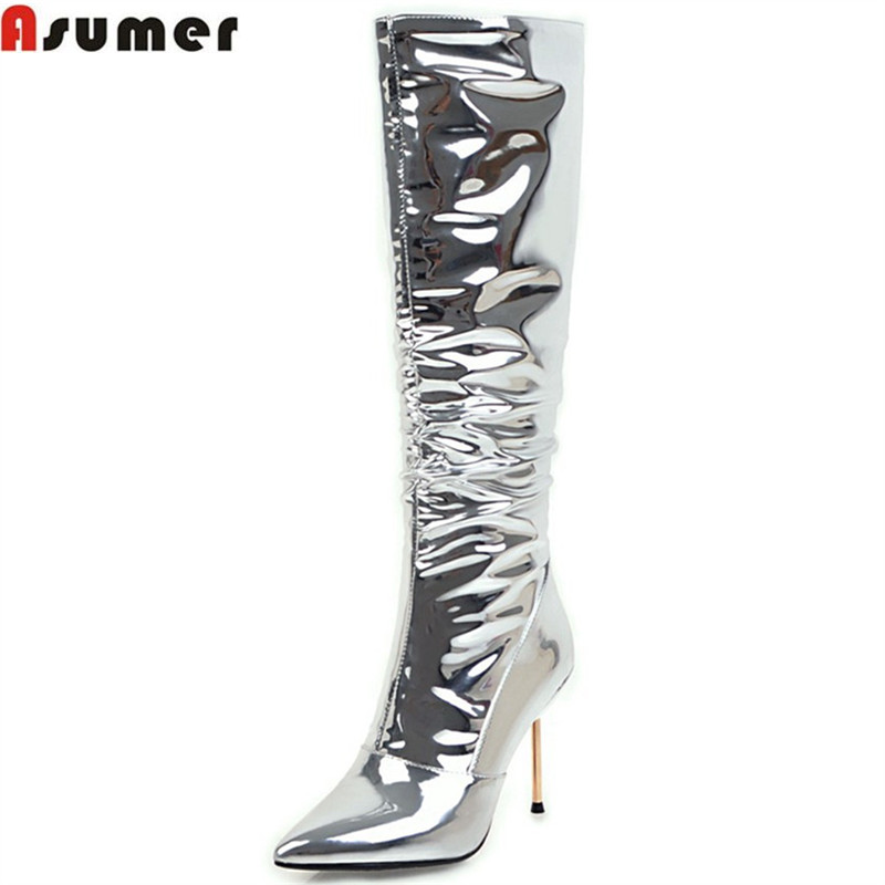 ASUMER 2020 fashion women boots pointed toe zipper silvery ladies boots sexy super high thin heel knee high big size 32-43, Silver
ASUMER 2020 fashion women boots pointed toe zipper silvery ladies boots sexy super high thin heel knee high big size 32-43, Silver