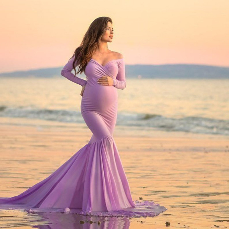 Women Off Shoulder Maternity Slim Cross-Front V Neck Long Sleeve Gown for Photo Shoot Elegant Pregnancy Dress Photography