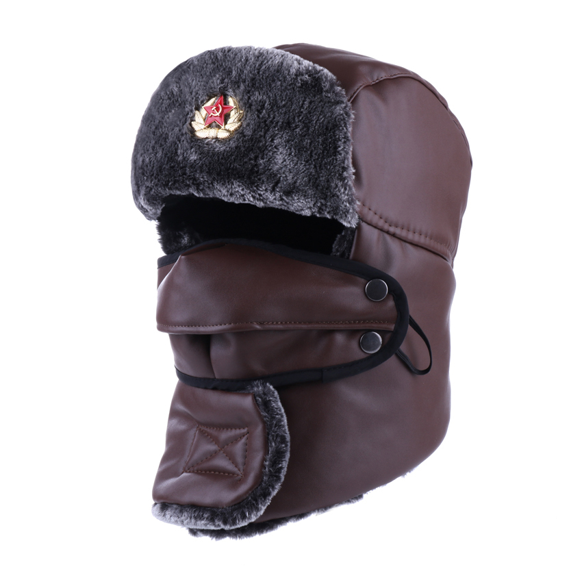 Bomber Hat Russian Ushanka PU Leather Winter Trapper Soviet Badge Army Aviator Trooper Neck Cover Earflap Snow Ski Cap with Mask T200819