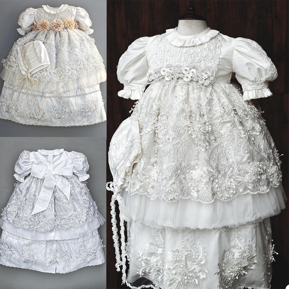 Vintage White Ivory Christening Gown Lace Beaded Baby Girls Baptism Dresses Toddler Infant Christening Dress With bonnet