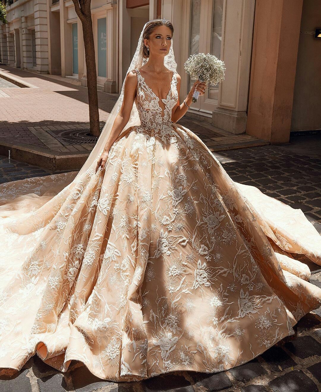 Luxury Cathedral Length Wedding Dresses Champagne Lace Appliqued Deep V Neck Bridal Gowns Plus Size 2021 vestido de novia