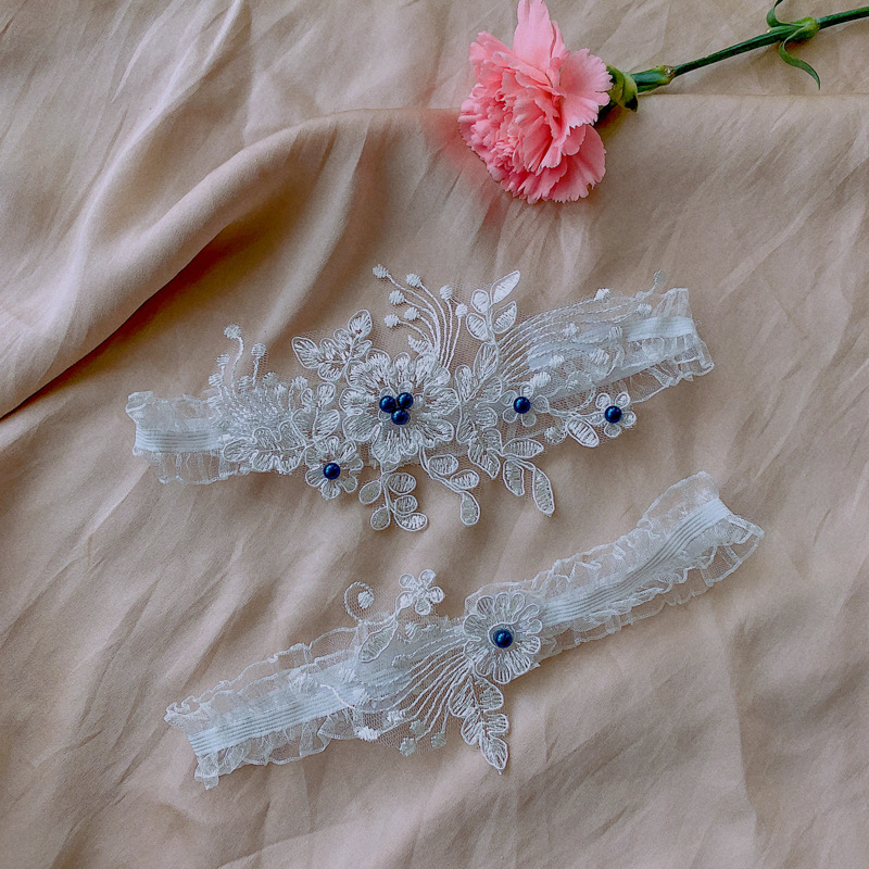 Amazing Beach Wedding Bridal Garters Sets With Blue Beaded Sexy Lace Bridal Leg Accessories For Bride 2020 Cheap Lingerie Garter Lace Belt