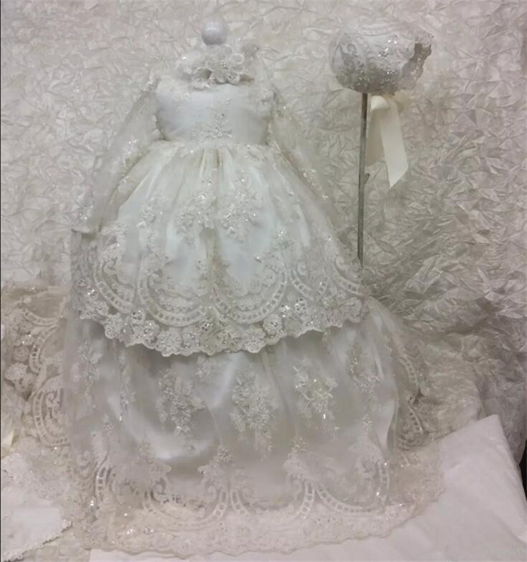 Sequined Tulle Lace Appliqued Kids Birthday Gown Long Christening Dresses For Baby Girl With Long Sleeves Baptism Gown Bonnet