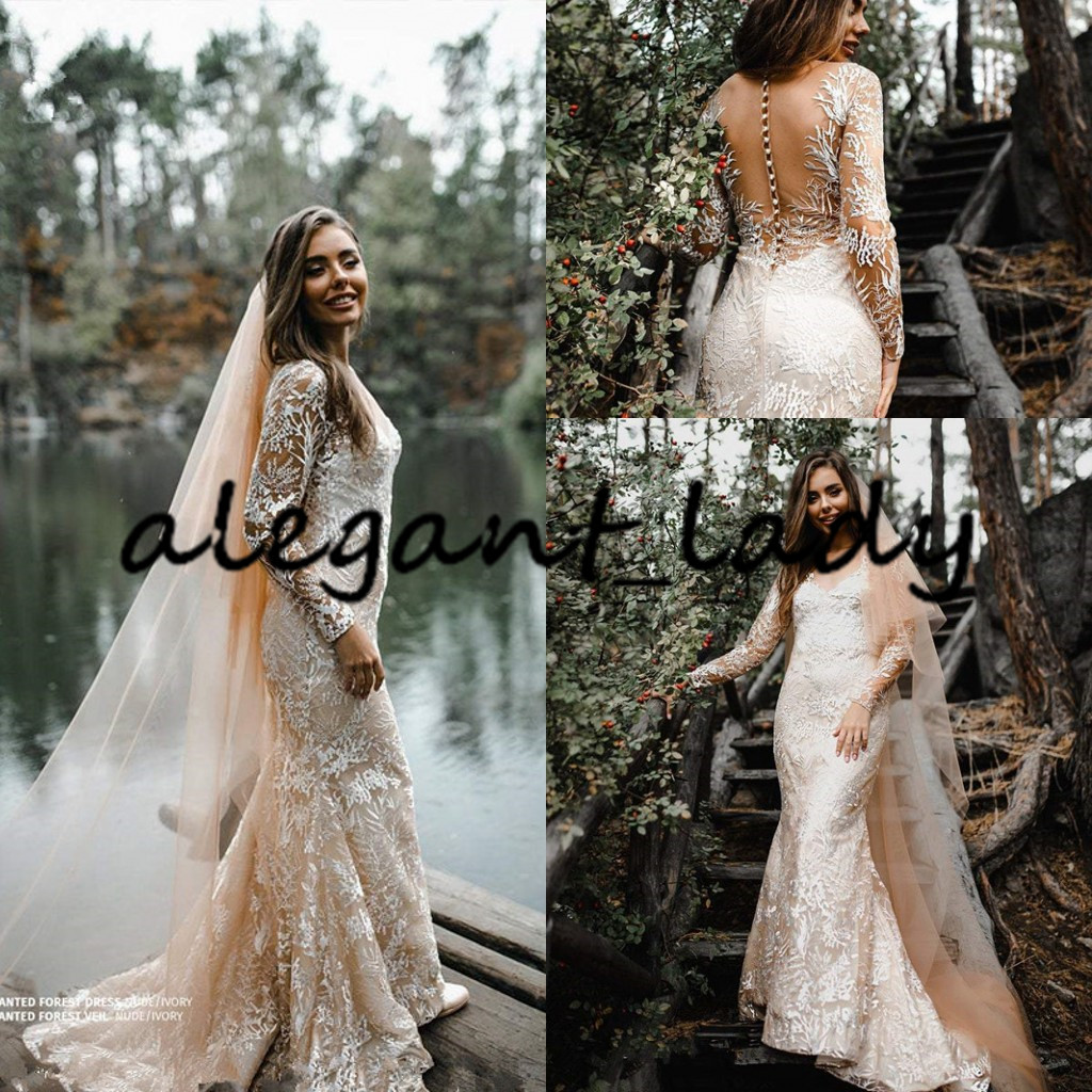 Forest Nude Champagne Mermaid Wedding Dresses 2021 V-neck Lace Applique Bohemian rustic country wedding gowns bestidos de novias