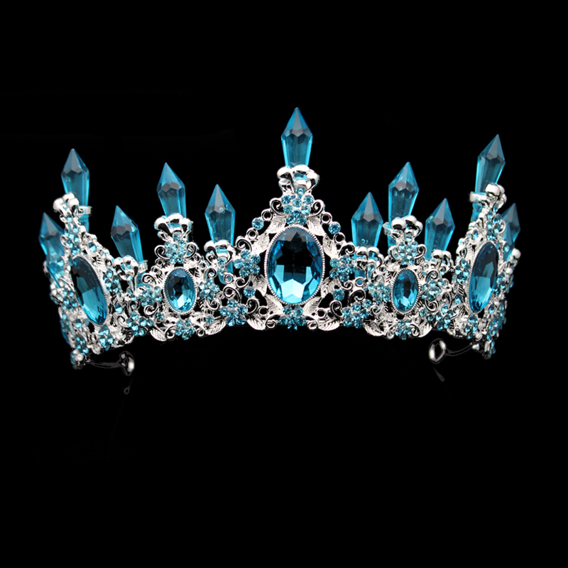 Fashion Beauty Sky Blue Crystal Wedding Crown And Tiara Large Rhinestone Queen Pageant Crowns Headband For Bride Hair Accessory Y200807