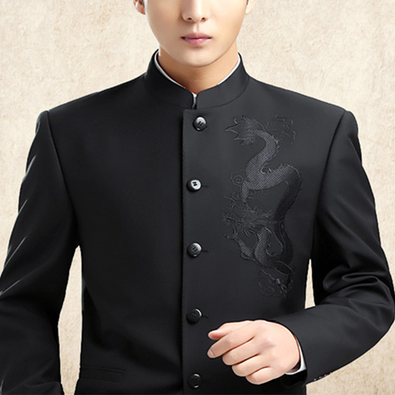 Dragon Embroidery Men Chinese Style Tunic Suit Jacket Mandarin Stand Collar New 2020 Kung Fu Coat Single Breasted Black LJ200923