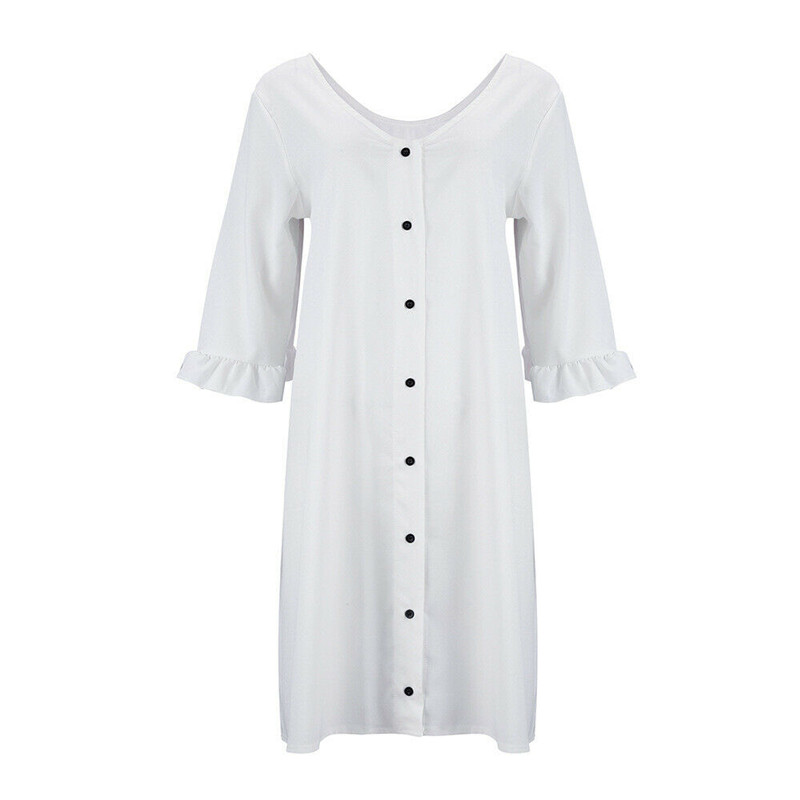 Trendy Women dress Button three quarters sleeve V-neck loose casual Evening solid polyester Mini Dresses one pieces, White
Trendy Women dress Button three quarters sleeve V-neck loose casual Evening solid polyester Mini Dresses one pieces, White
