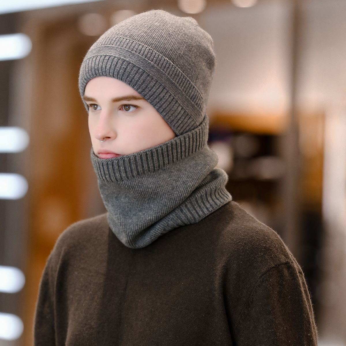 2-Pieces Balaclava Knitted Hat Scarf Caps Neck Warmer Winter Hat For Men Women Skullies Beanies Warm Fleece Caps