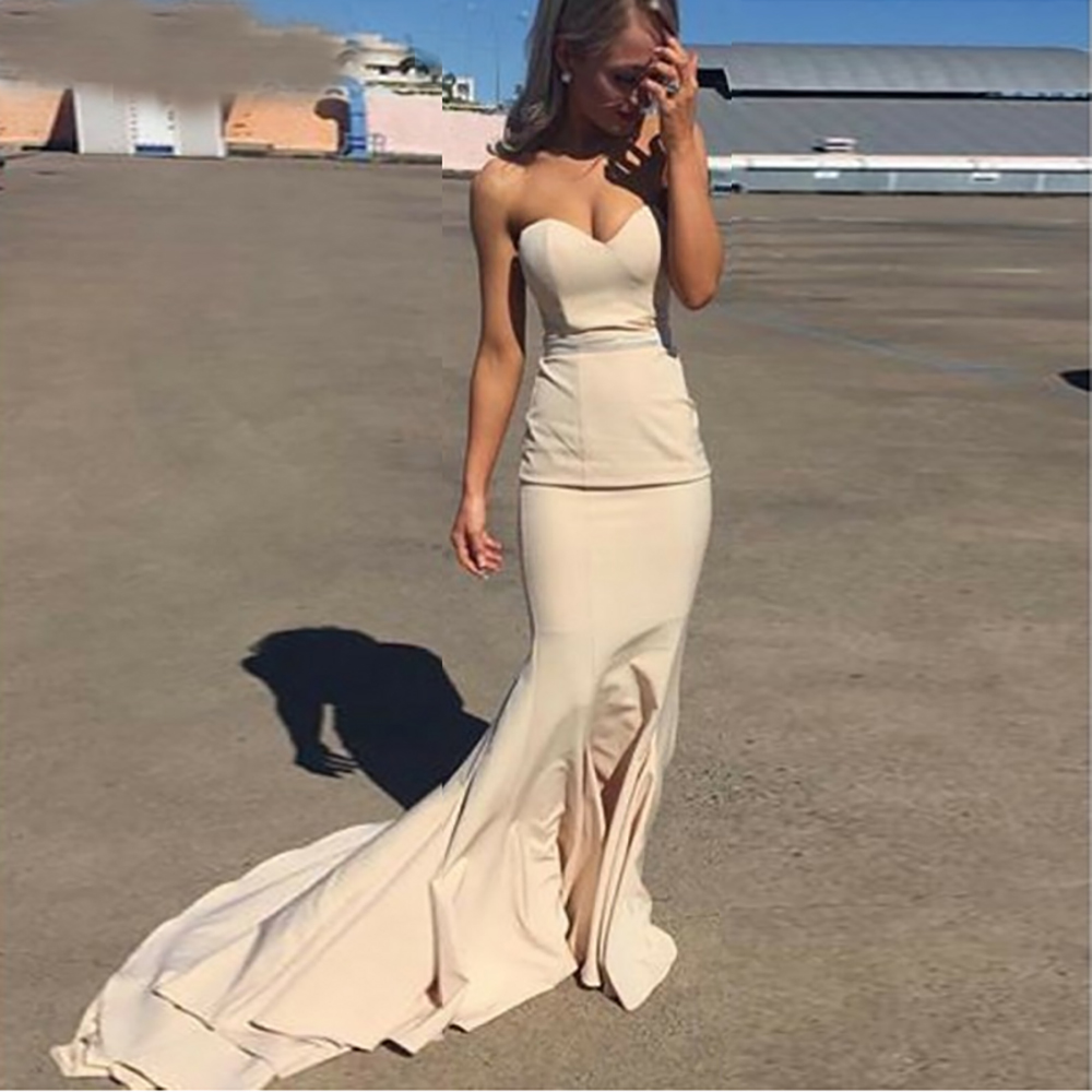 Simple Mermaid Prom Long Elegant Dresses vestido de fiesta Evening Gown Sweetheart Sweep Train Ivory Elastic Satin Prom Dress