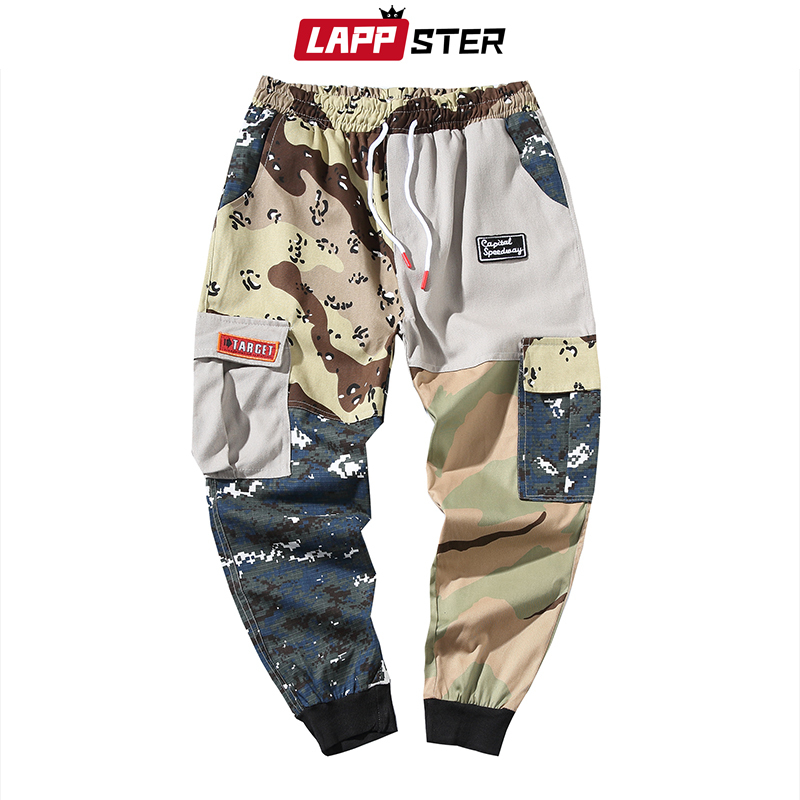 LAPPSTER Men Color Block Cargo Pants Streetwear Hip Hop Harem Pant Ankel Length Camo Pants Patchwork Sweatpants Camouflage 200925