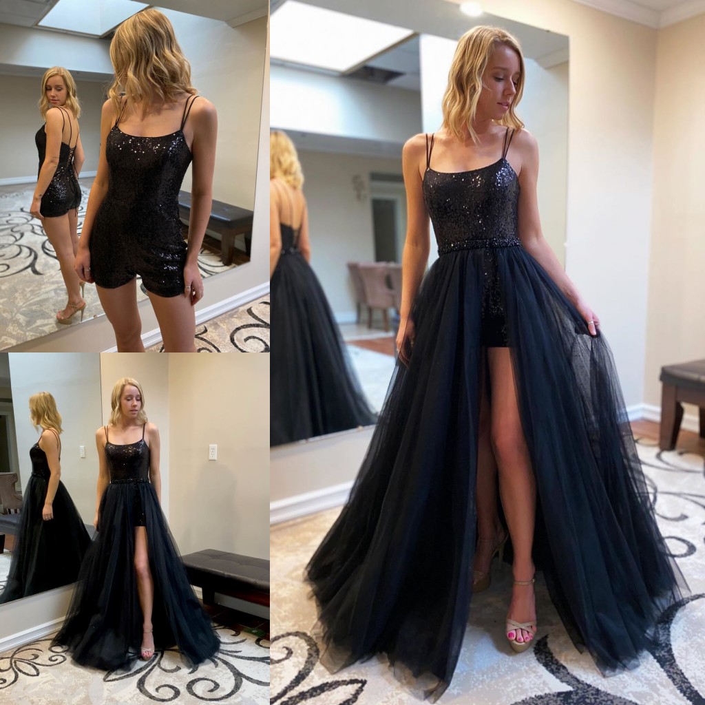 Jumpsuits Black Sequined Prom Dresses Spaghtti Straps Neck Sheath Evening Gowns With Detachable Train Side Split Formal Dress