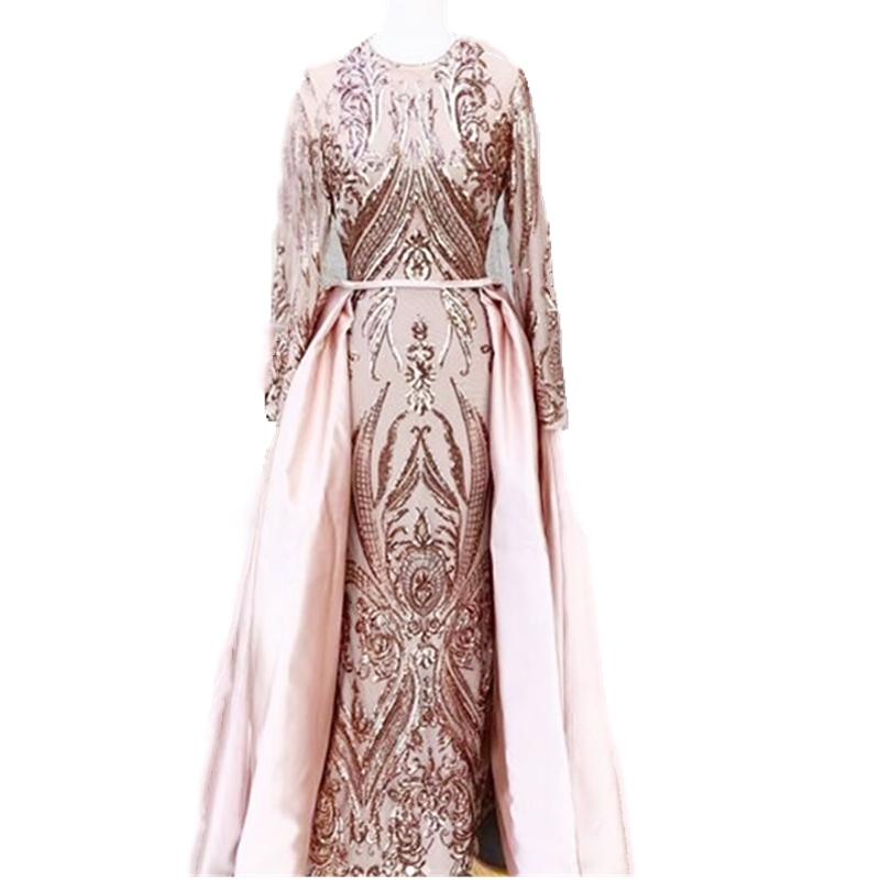 Elegant Rose Pink Mermaid Muslim Hijab Lace Prom Dresses With Detachable Train Long Sleeve Dubai Women Wear Formal Evening Gown Party Dress