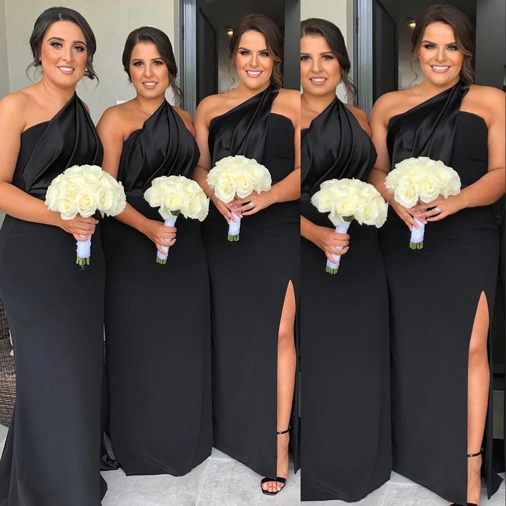 Mermaid Black New Bridesmaid Dresses One Shoulder Side Split Floor Length Summer Country Plus Size Maid of Honor Gowns Wedding Guest Dress