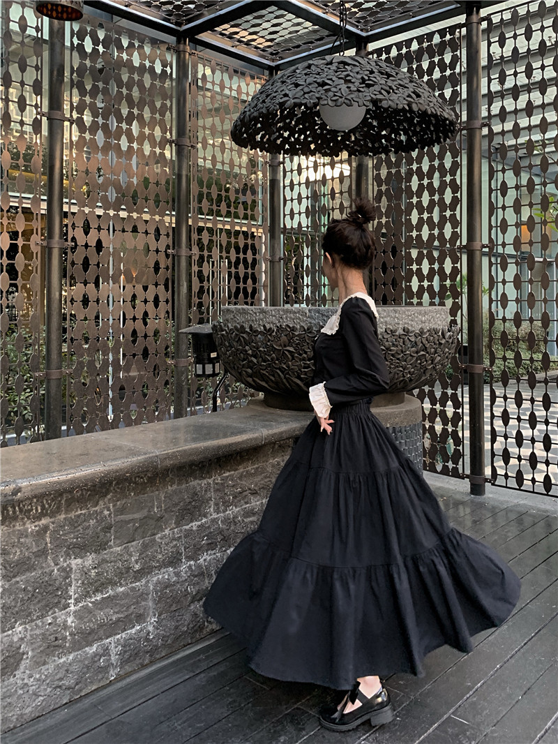 Two Pieces Court Retro Black Outfits Dress Suits Harajuku Lolita Sweet Skirt Sets 2PC Peter Pan Collar Shirts&A Line Skirt Suits