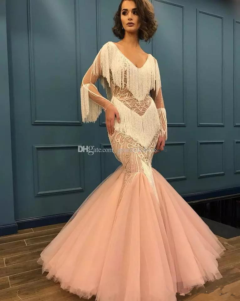 Tassel Beaded Pink Mermaid Prom Dresses Long Sleeve V Neck Evening Gowns Lace Appliqued Sweep Train Luxury Formal Dress