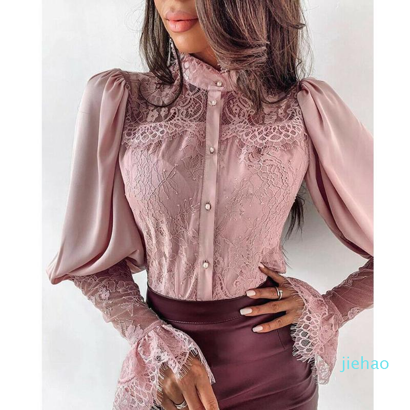 Fashion- Womens Tops and Blouses Elegant long sleeve Lace Shirt Ladies Slim Bodycon blusa feminina Office lady wear Clothes