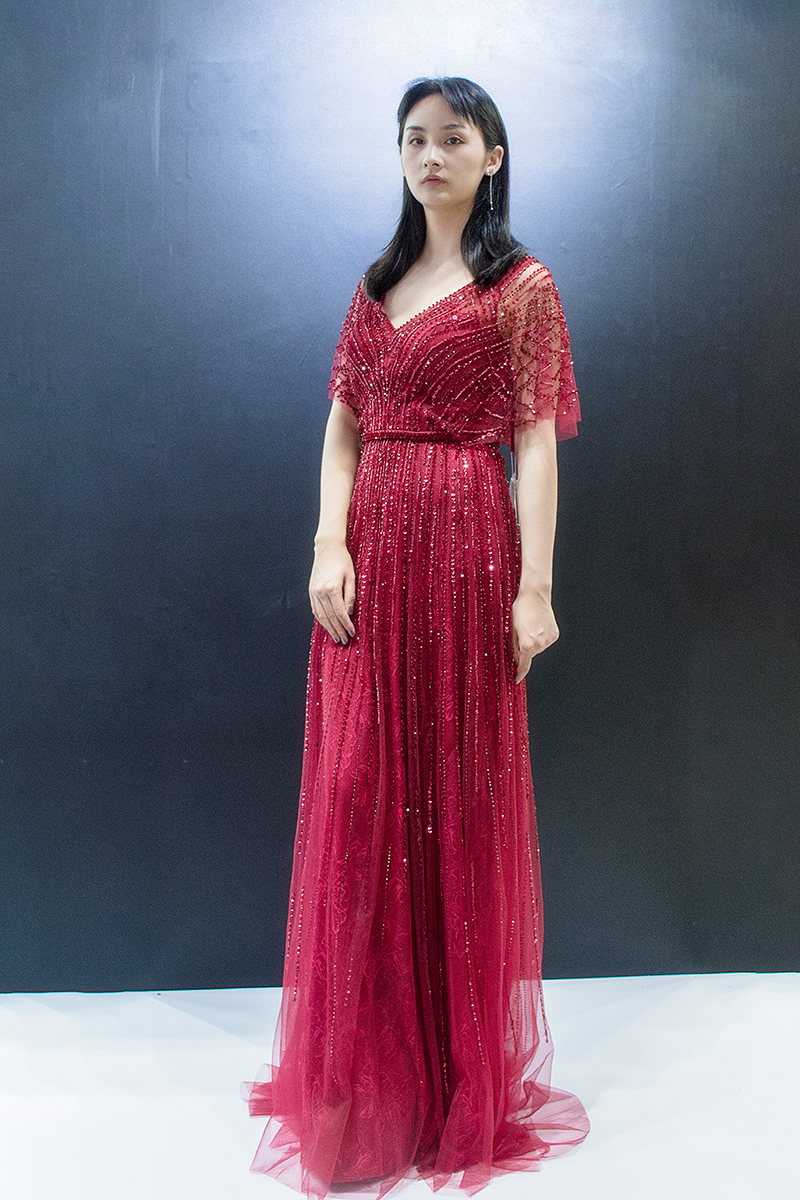5701 In Stock Classic Evening Gowns Beads Sequins V-neck Zipper Prom Dresses Women Party Wear Sale