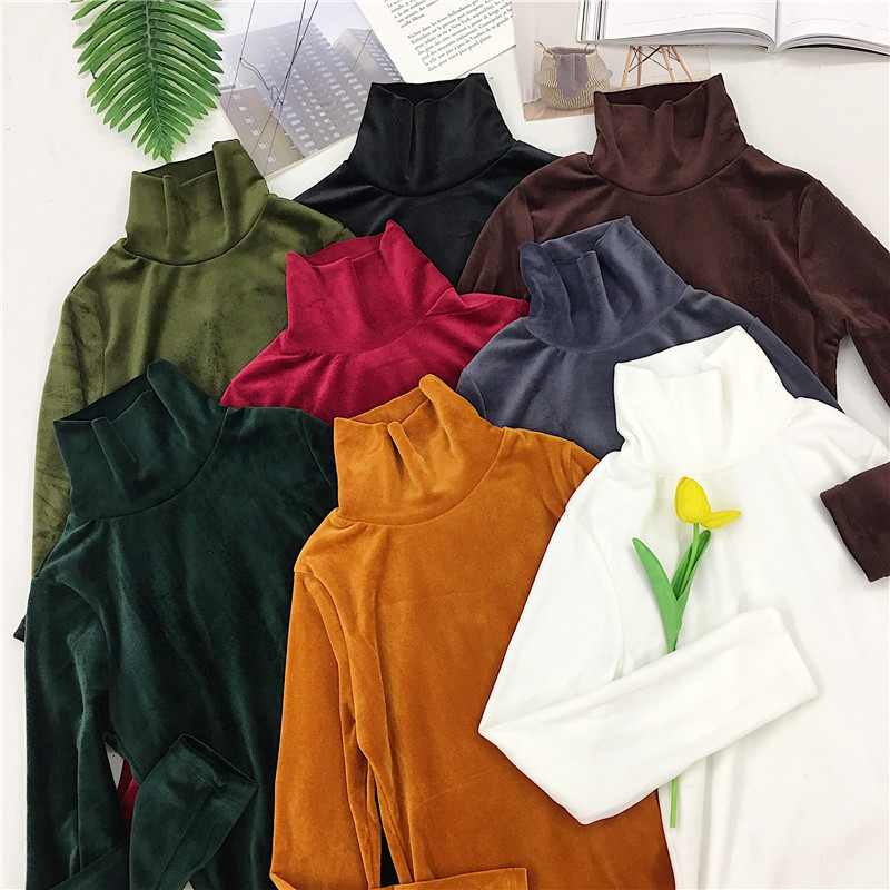 New Spring Women Turtleneck T Shirt Tees Warm Thick Velvet T-Shirts Female Bottoming Long Sleeve Shirt Tops