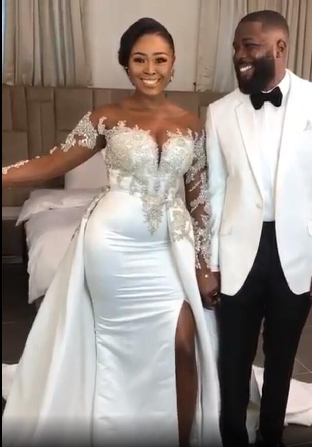 2020 Plus Size Arabic Aso Ebi Luxurious Crystals Lace Wedding Dresses Sheer Neck Mermaid Bridal Dresses High Split Wedding Gowns JJ023
