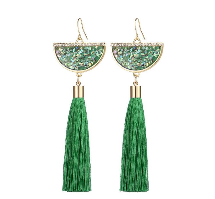 Bohemian Crystal Tassel Earrings Black White Blue Red Green Silk Fabric Long Drop Dangle Tassels Earrings For Women Jewelry Gifts GD556
