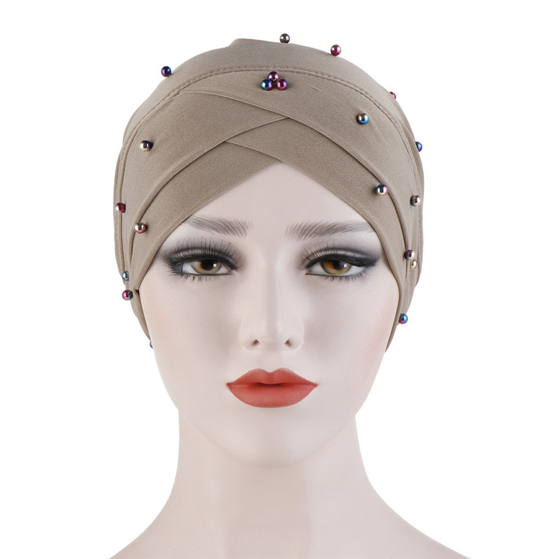 2020 Fashion Cross Headscarf Hat Solid beading Inner Hijab Bonnet Handmade Linen Muslim Turban Cap Islam Arab Wrap Head Hats