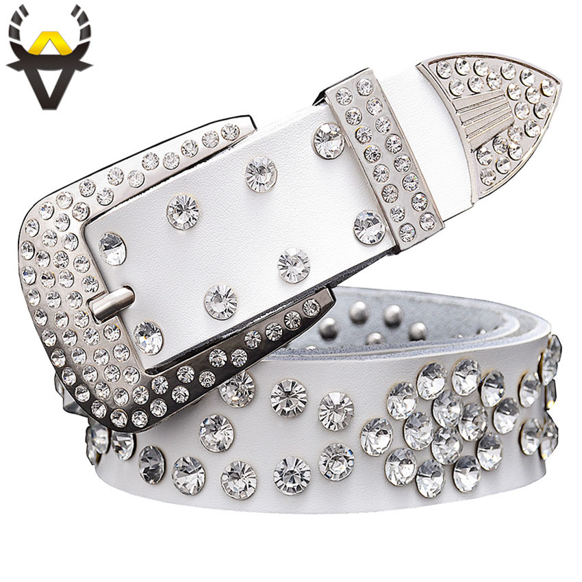 Fashion rhinestone genuine leather belts for women Unisex waist belt for men Quality second layer cow skin strap width 3.3 cm Y200807